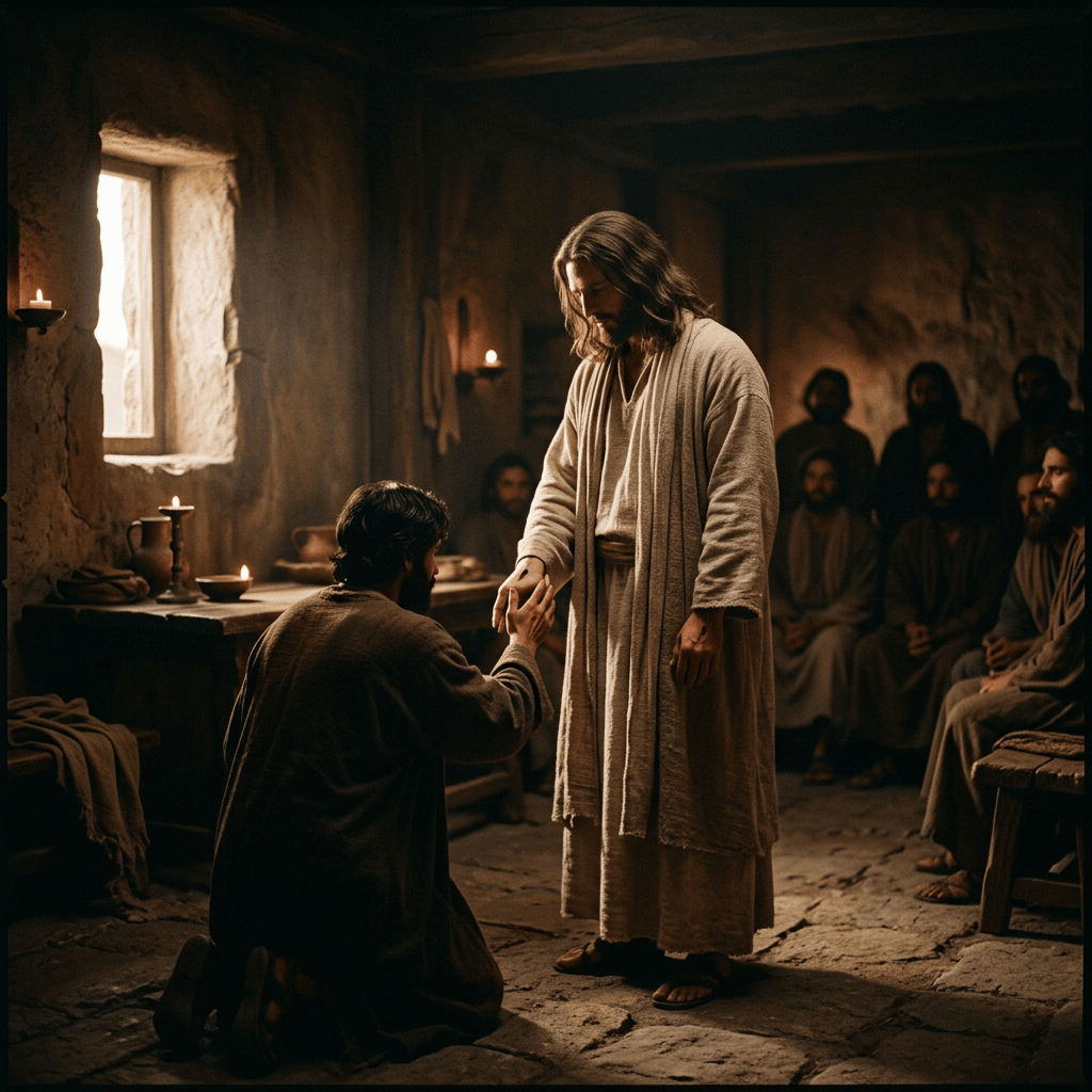 Bearded robed man reaching toward a kneeling man before seated observers