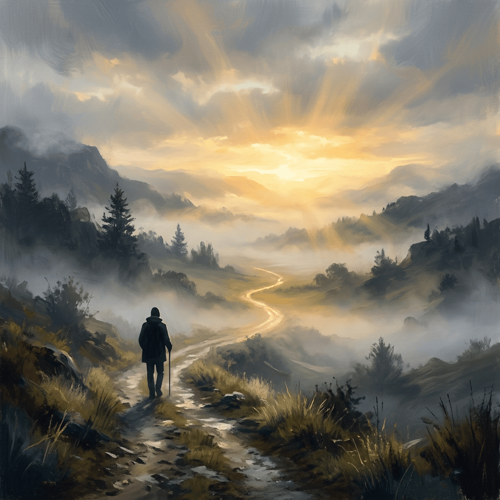 Lone traveler walking a winding trail through a misty mountain valley