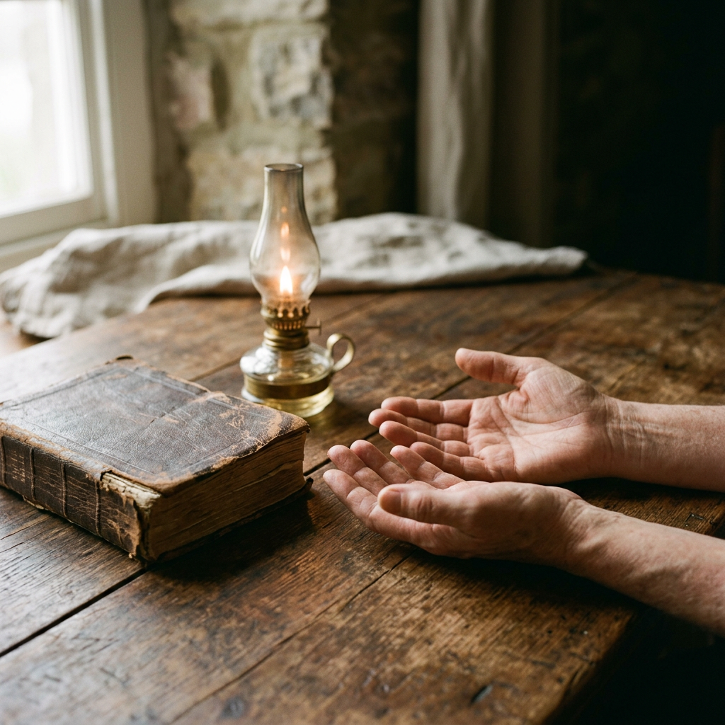 Open hands beside an old Bible and lit oil lamp on wooden table