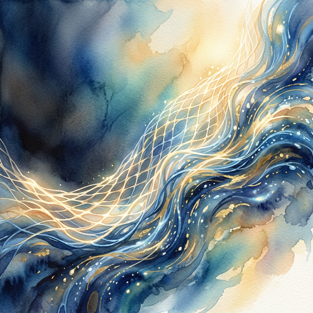 Abstract watercolor waves in blue, teal, cream, and gold