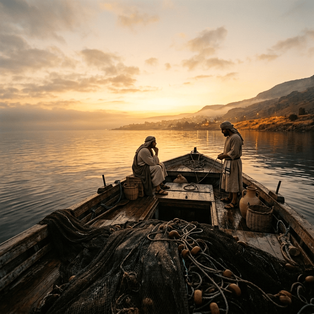 Men wearing first-century clothing by the Sea of Galilee