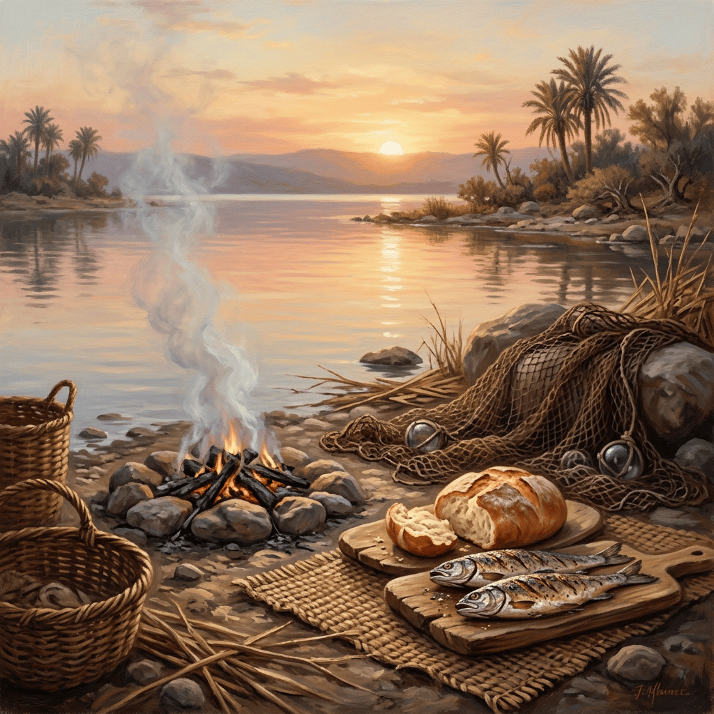 Campfire meal with fish and bread beside a sunset river