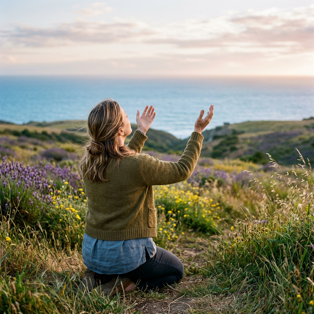 Woman kneeling among wildflowers with raised hands overlooking the sea