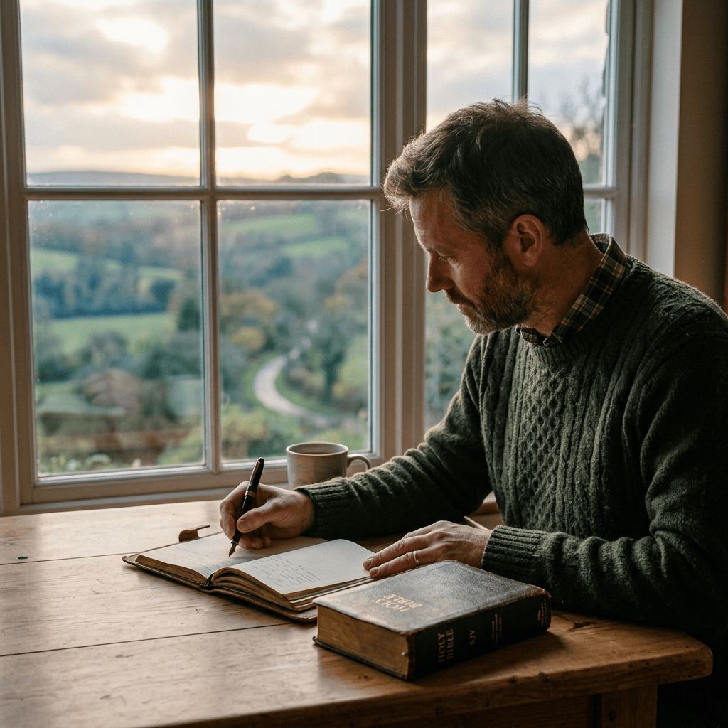Man writing in a journal beside a window with countryside views