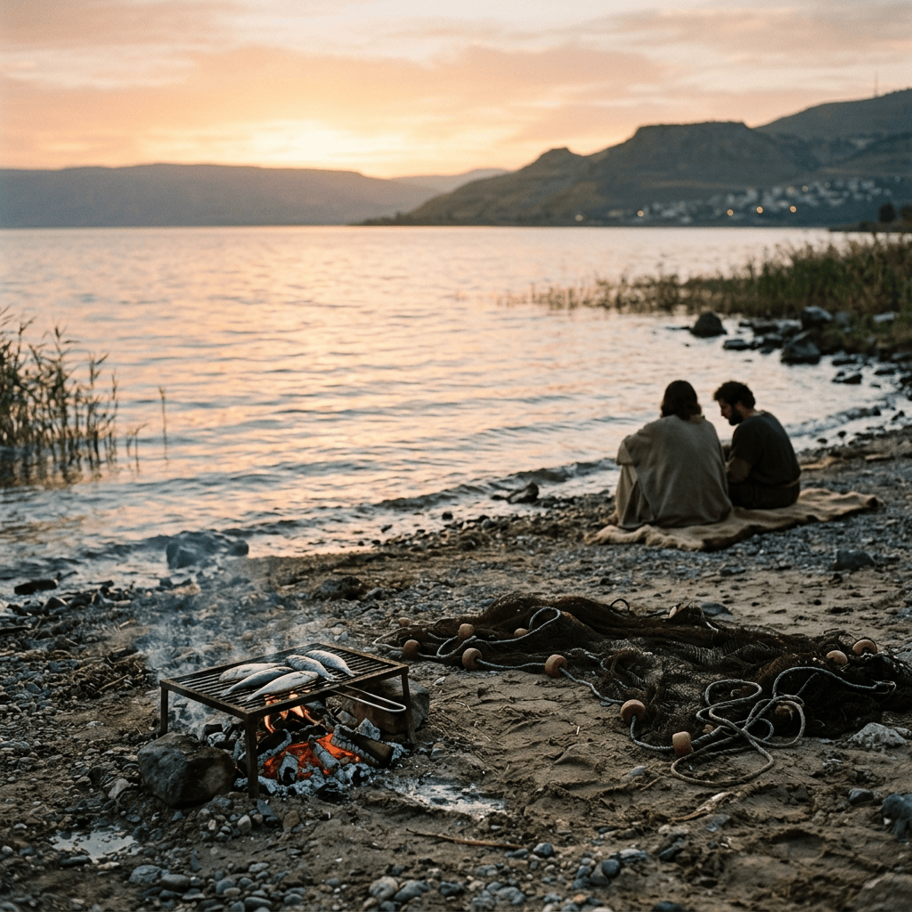 Dawn Sea of Galilee shoreline with charcoal fire