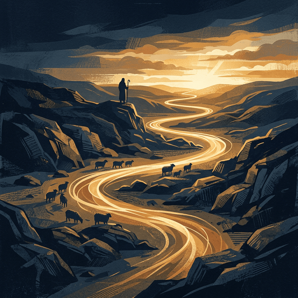 Lone traveler overlooking a winding road through a rugged valley at sunset