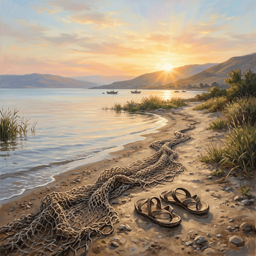 Fishing net and sandals on a lakeshore at sunset with boats and mountains