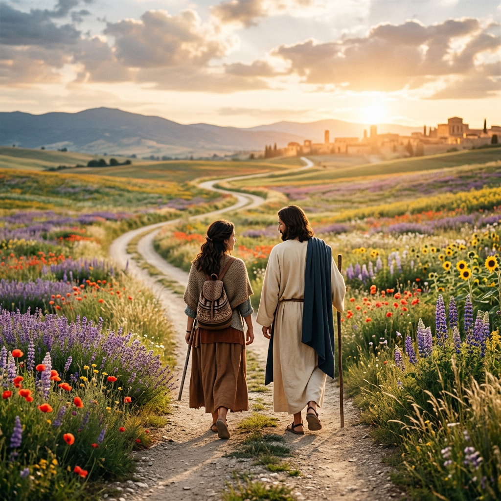 Woman and Jesus walking through flower fields